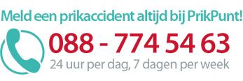 logo van Prikpunt en de tekst: Meld een prikaccident altijd bij het PrikPunt! 088 - 774 54 63, 24 uur per dag, 7 dagen per week